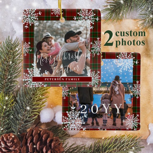 Snowflakes 2 family photo personalized red tartan ceramic ornament (Creator Uploaded)