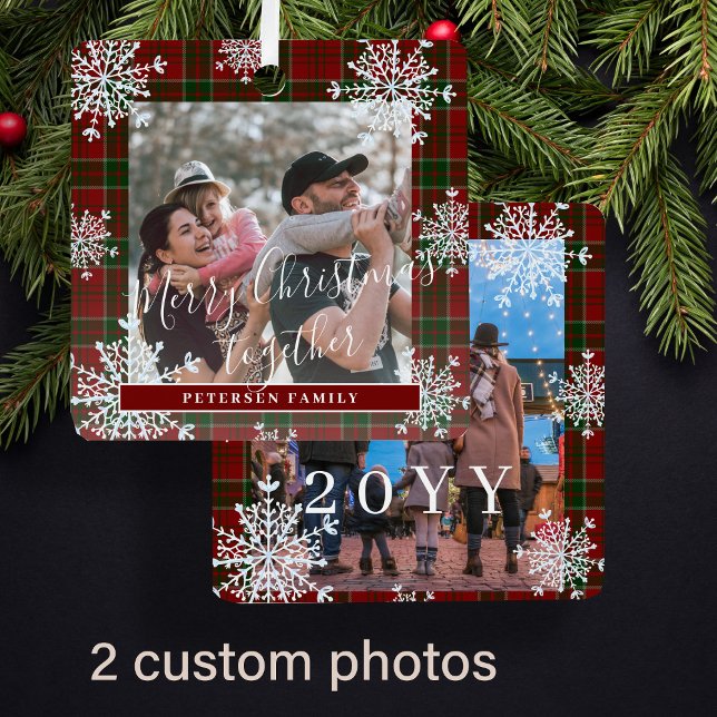 Snowflakes 2 family photo personalized red tartan metal tree decoration (Creator Uploaded)