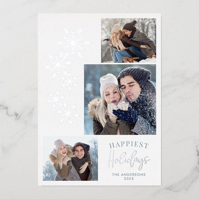 Snowflakes 3 Photos Happiest Holidays Silver Foil Holiday Card (Front)
