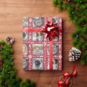 Snowflakes 5 Custom Family Photo Collage Red Easy Wrapping Paper