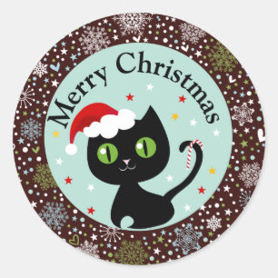 Snowflakes and Black Kitty Christmas Stickers