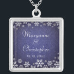 Snowflakes and Blue Damask Silver Plated Necklace<br><div class="desc">An elegant wedding design for a winter wedding or Christmas wedding featuring snowflakes on a blue coloured background with a subtle damask pattern. Customise the text for your own special day. This coordinates with the Snowflakes and Blue Damask Wedding Collection and is available in a range of colours. Please contact...</div>