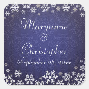 Snowflakes and Blue Damask Wedding Square Sticker