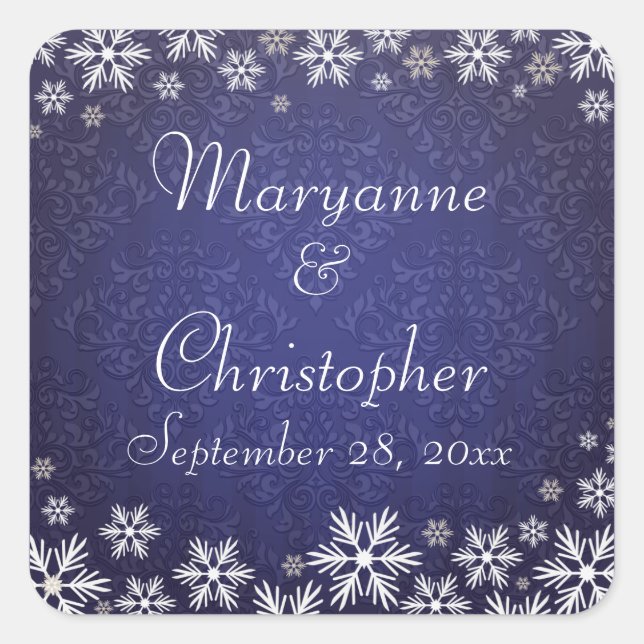 Snowflakes and Blue Damask Wedding Square Sticker (Front)