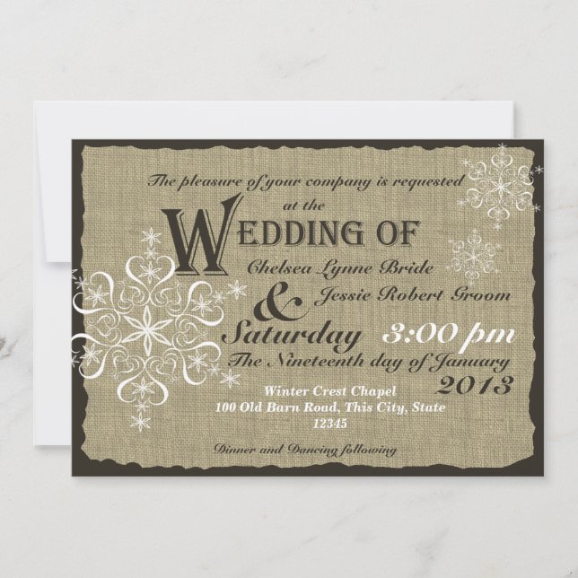 Snowflakes and Burlap Rustic Wedding Invitation (Front)