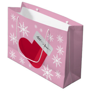 Snowflakes and Christmas Stocking Add Name Pink Large Gift Bag