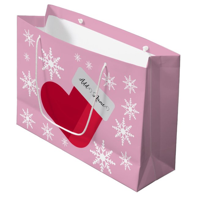Snowflakes and Christmas Stocking Add Name Pink Large Gift Bag (Front Angled)