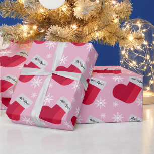 Snowflakes and Christmas Stocking Add Name Pink Wrapping Paper