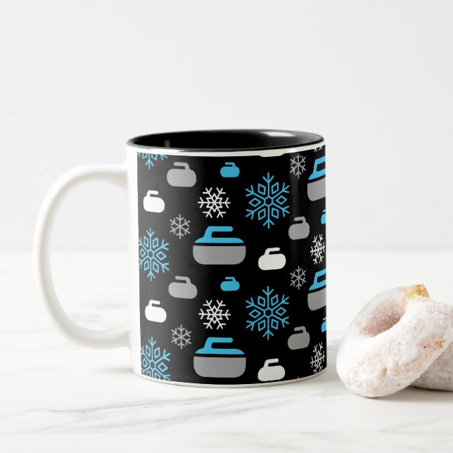 Snowflakes and Curling Rocks Coffee Mug (With Donut)