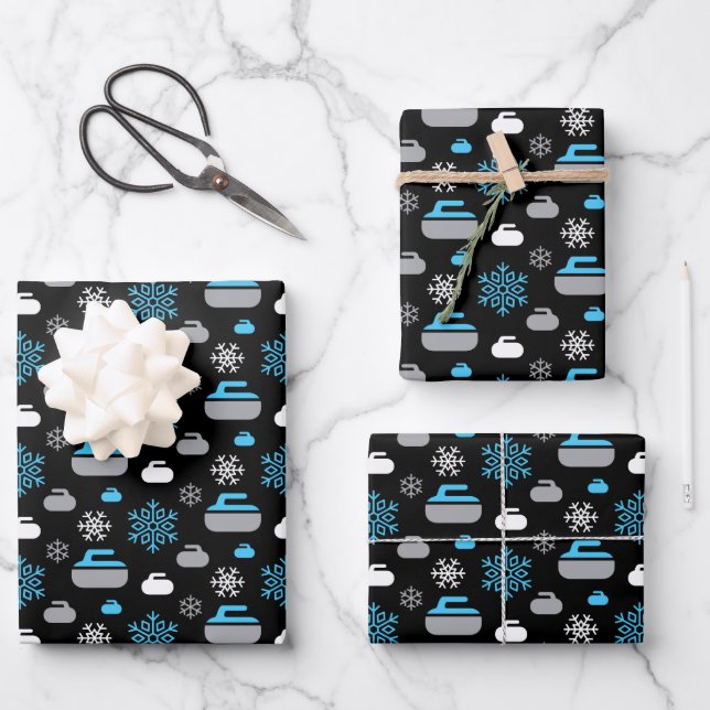Snowflakes and Curling Rocks Wrapping Paper Sheets (Front)