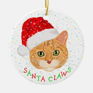 Snowflakes and Cute Cat in Santa Hat Christmas Ceramic Tree Decoration