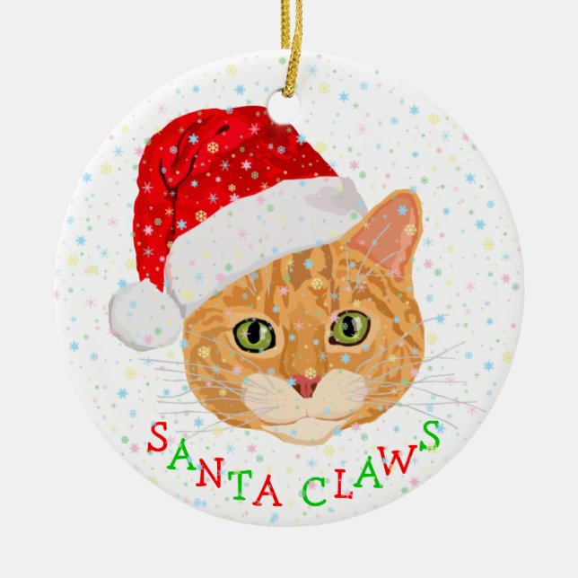 Snowflakes and Cute Cat in Santa Hat Christmas Ceramic Tree Decoration (Front)