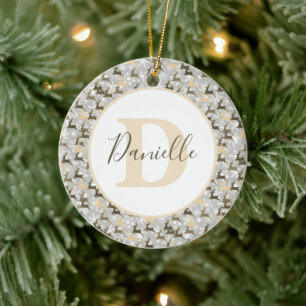 Snowflakes and deer personalised ceramic ornament