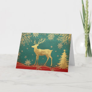 Snowflakes and Gold Reindeer on Green Card