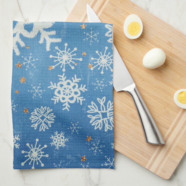Snowflakes and Gold Stars on Blue Kitchen Tea Towel (Quarter Fold)