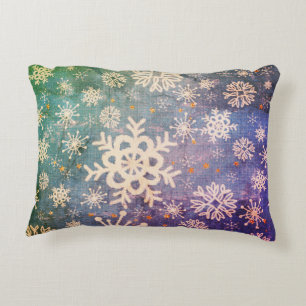 Snowflakes and Gold Stars on Tie-Dye Denim Decorative Cushion