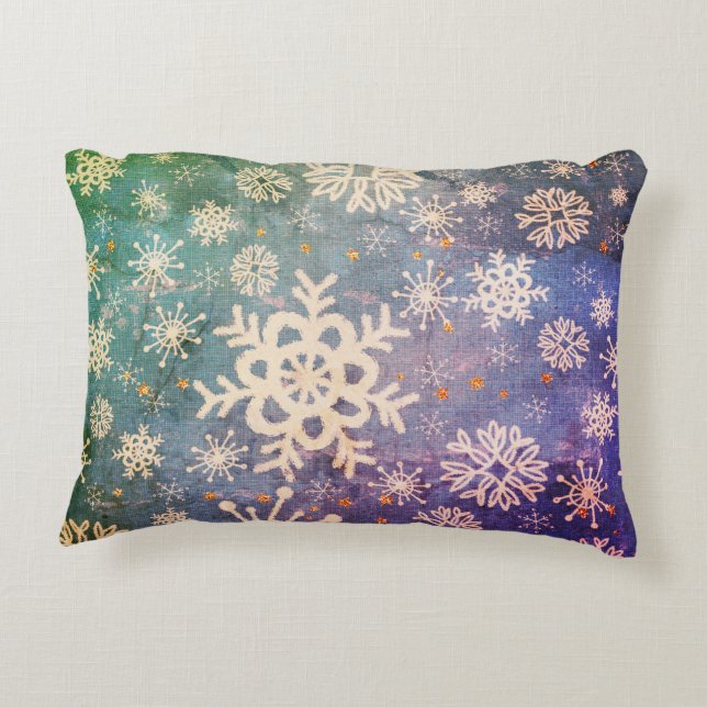 Snowflakes and Gold Stars on Tie-Dye Denim Decorative Cushion (Back)