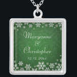 Snowflakes and Green Damask Silver Plated Necklace<br><div class="desc">An elegant wedding design for a winter wedding or Christmas wedding featuring snowflakes on a green coloured background with a subtle damask pattern. Customise the text for your own special day. This coordinates with the Snowflakes and Green Damask Wedding Collection and is available in a range of colours. Please contact...</div>