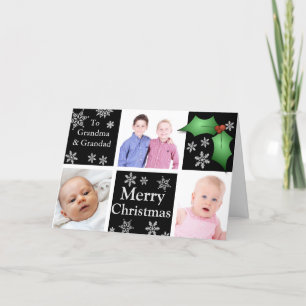 Snowflakes and Holly on Black Holiday Card