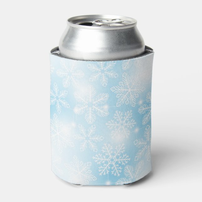 Snowflakes and lights on blue can cooler (Can Front)