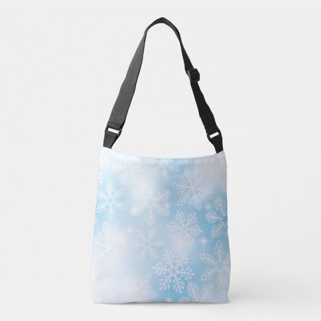 Snowflakes and lights on blue crossbody bag (Front)