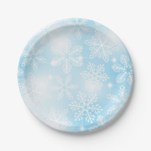 Snowflakes and lights on blue paper plate