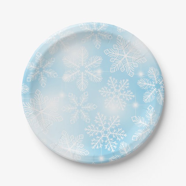 Snowflakes and lights on blue paper plate (Front)