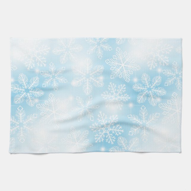 Snowflakes and lights on blue tea towel (Horizontal)
