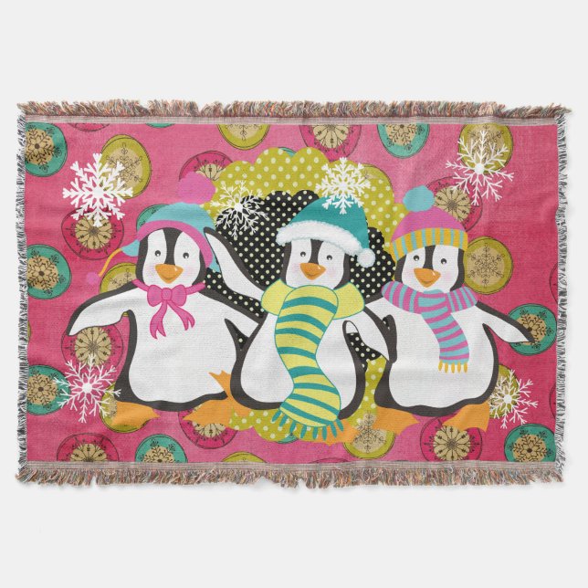 Snowflakes and Orbs Penguins Holiday Throw (Front)