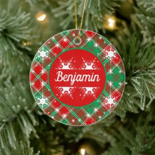 Snowflakes And Plaid Red Green And White Christmas Ceramic Tree Decoration