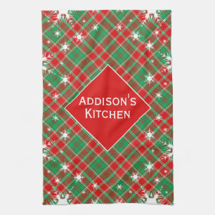 Snowflakes And Plaid Red Green And White Christmas Tea Towel