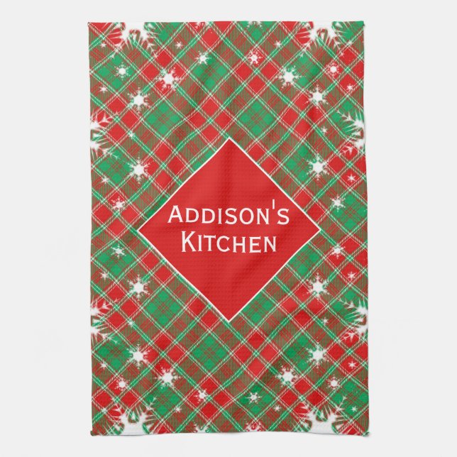 Snowflakes And Plaid Red Green And White Christmas Tea Towel (Vertical)