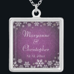 Snowflakes and Purple Damask Silver Plated Necklace<br><div class="desc">An elegant wedding design for a winter wedding or Christmas wedding featuring snowflakes on a purple coloured background with a subtle damask pattern. Customise the text for your own special day. This coordinates with the Snowflakes and Purple Damask Wedding Collection and is available in a range of colours. Please contact...</div>