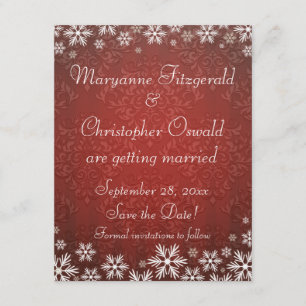 Snowflakes and Red Damask Save the Date Invitation