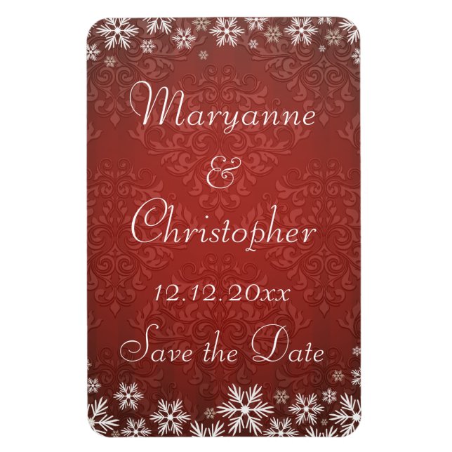 Snowflakes and Red Damask Save the Date Magnet (Vertical)