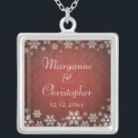 Snowflakes and Red Damask Silver Plated Necklace<br><div class="desc">An elegant wedding design for a winter wedding or Christmas wedding featuring snowflakes on a red coloured background with a subtle damask pattern. Customise the text for your own special day. This coordinates with the Snowflakes and Red Damask Wedding Collection and is available in a range of colours. Please contact...</div>