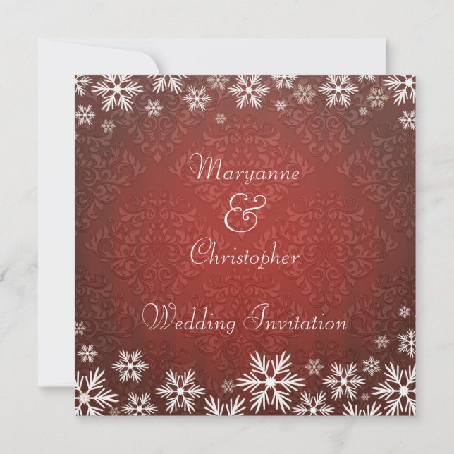 Snowflakes and Red Damask Wedding Invitation (Front)