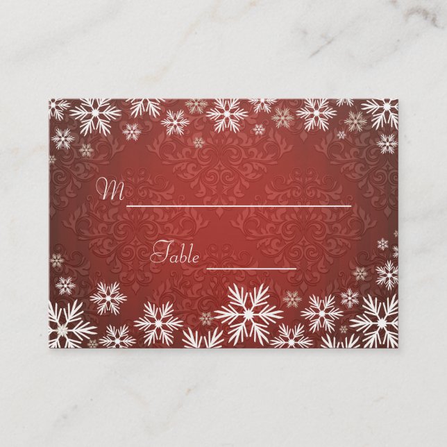 Snowflakes and Red Damask Wedding Place Setting Place Card (Front)