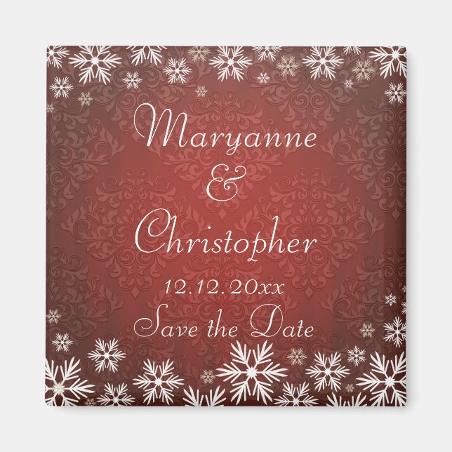 Snowflakes and Red Damask Wedding Save the Date Magnet (Front)