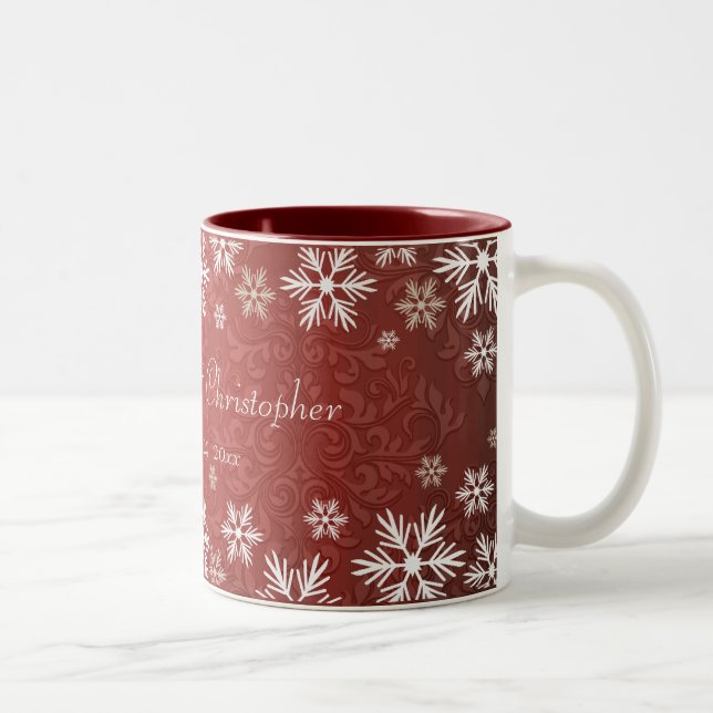 Snowflakes and Red Damask Wedding Two-Tone Coffee Mug (Right)