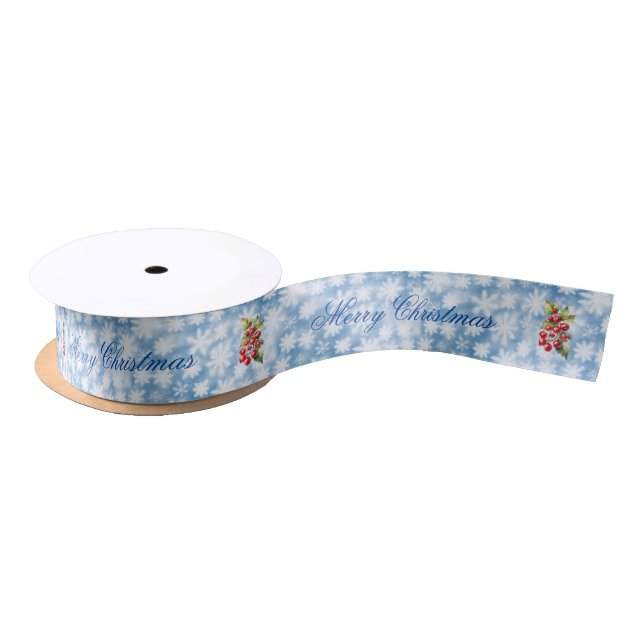 Snowflakes and Red Holly Berries Gift Wrapping Satin Ribbon (Spool)