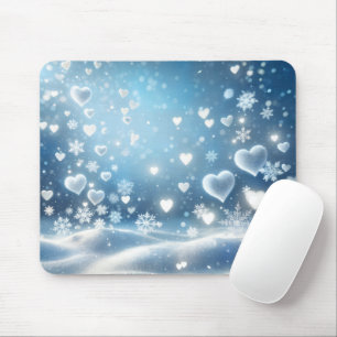 Snowflakes and Snow Hearts on Winter Sky Mouse Mat