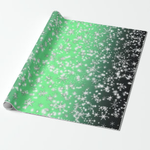 Snowflakes and Sparkles over Green Light Wrapping Paper