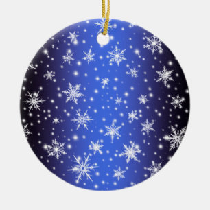 Snowflakes and Sparkles over Navy Blue Light Ceramic Tree Decoration
