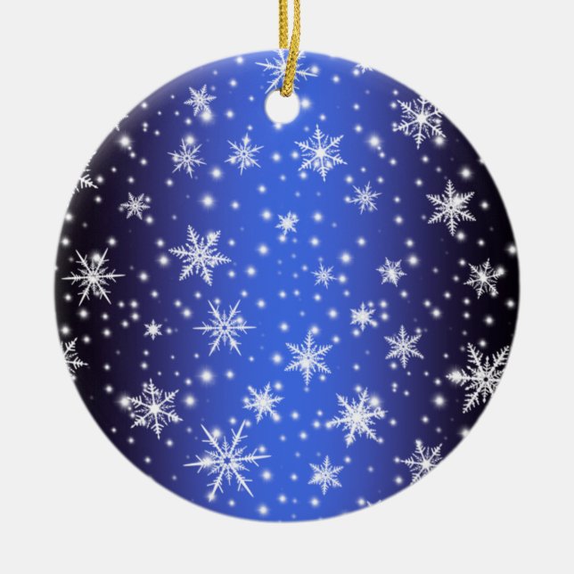 Snowflakes and Sparkles over Navy Blue Light Ceramic Tree Decoration (Front)