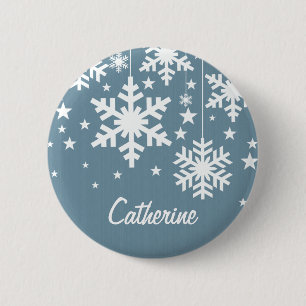 Snowflakes and Stars Button, Blue 6 Cm Round Badge