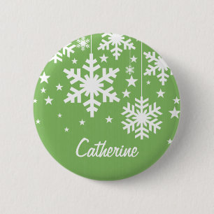 Snowflakes and Stars Button, Green 6 Cm Round Badge