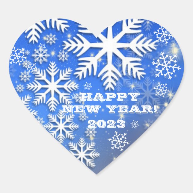 Snowflakes and Stars Happy New Year 2023 Heart Sticker (Front)