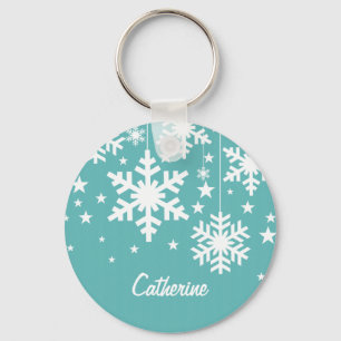 Snowflakes and Stars Keychain, Aqua Key Ring
