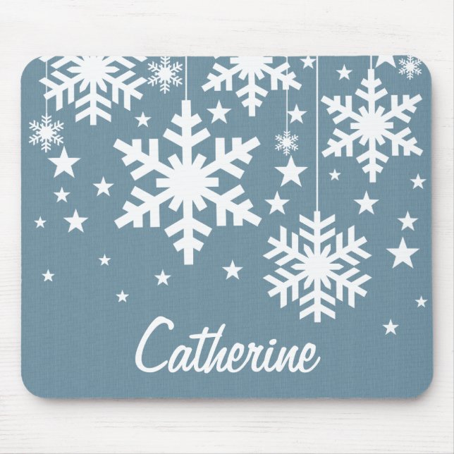 Snowflakes and Stars Mousepad, Blue Mouse Mat (Front)